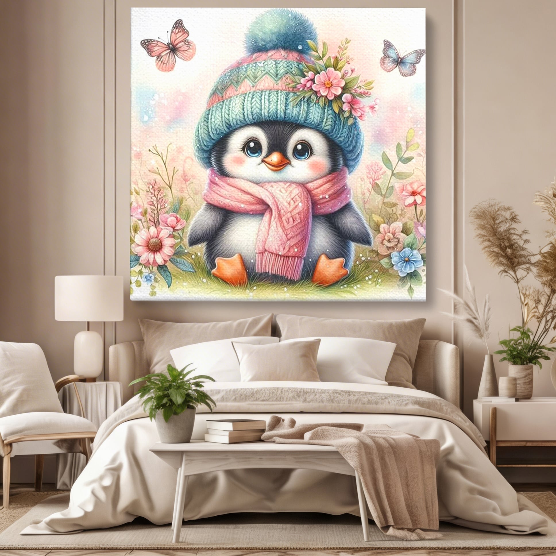 Tablou canvas cu pinguin ilustrat cu caciula si fular roz, fara rama, pe sasiu de lemn, pe perete intr-un dormitor